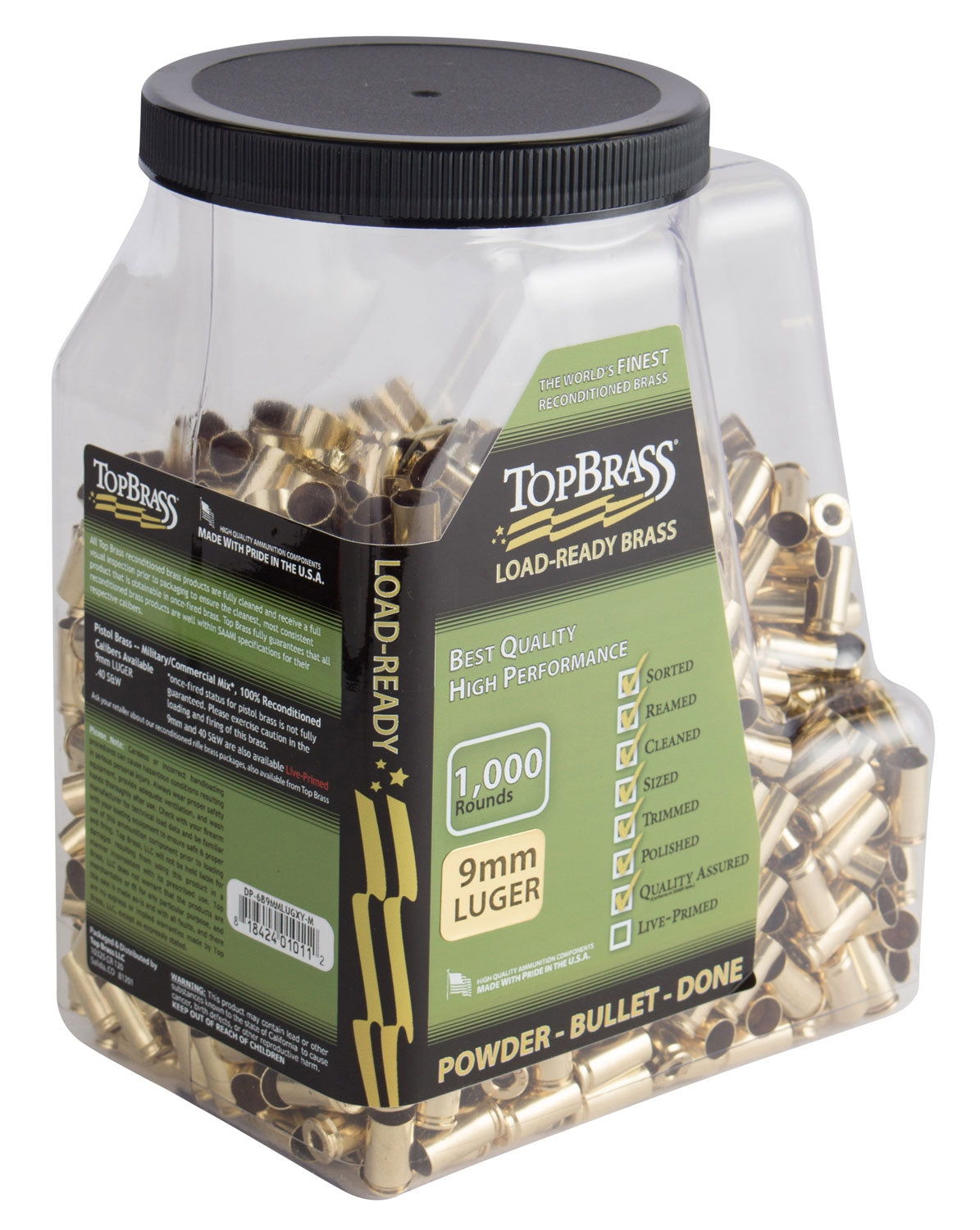 Top Brass Premium Reconditioned Unprimed Cases 9mm Luger Brass 1000/Jug