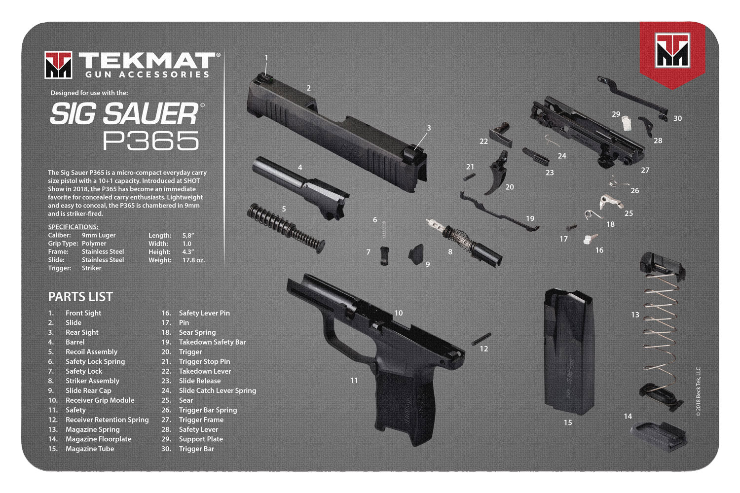 TekMat TEKR17SIG9365 Sig Sauer P365 Parts Diagram Cleaning Mat Multi-Color 11x17