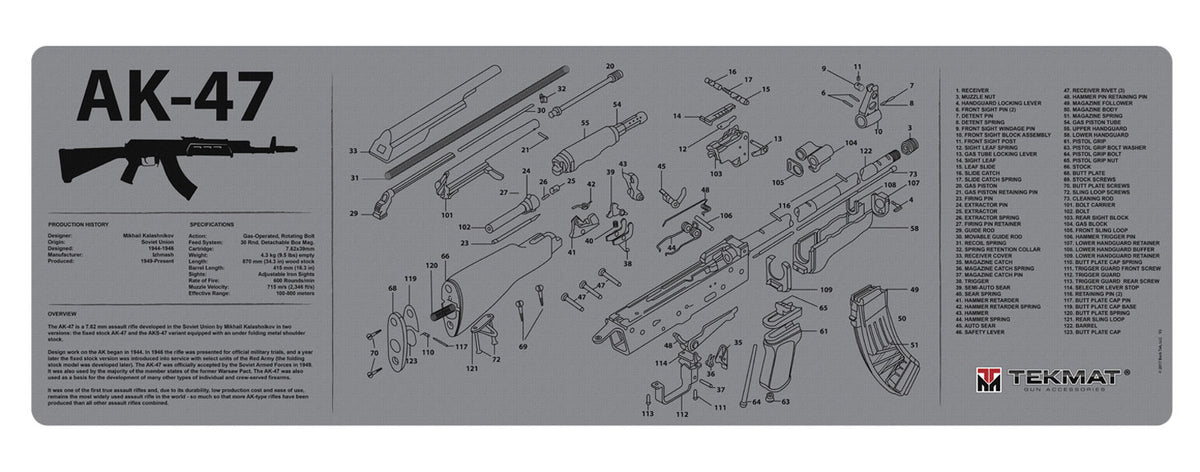 TekMat AK-47 Parts Diagram Gun Cleaning Mat Black/Gray Rubber 12"x36"