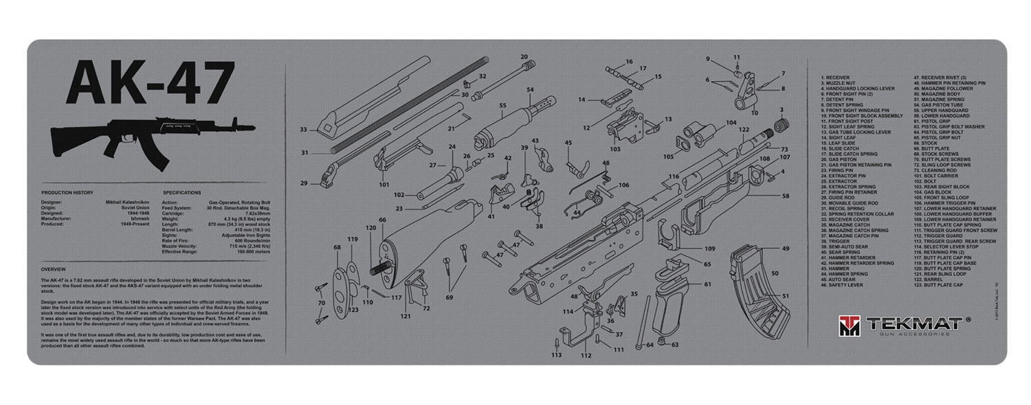 TekMat AK-47 Parts Diagram Gun Cleaning Mat Black/Gray Rubber 12"x36"