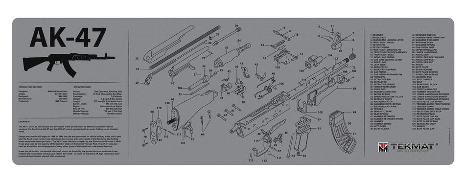 TekMat AK-47 Parts Diagram Gun Cleaning Mat Black/Gray Rubber 12"x36"