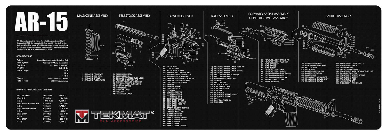 TekMat AR-15 Parts Diagram Gun Cleaning Mat Black/White Rubber 12"x36"