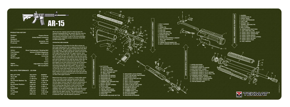 TekMat AR-15 Parts Diagram Gun Cleaning Mat OD Green Rubber 12"x36"