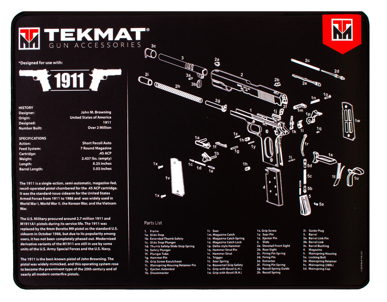 TekMat 1911 Parts Diagram Ultra 20 Gun Cleaning Mat Black/White Rubber 15"x20"