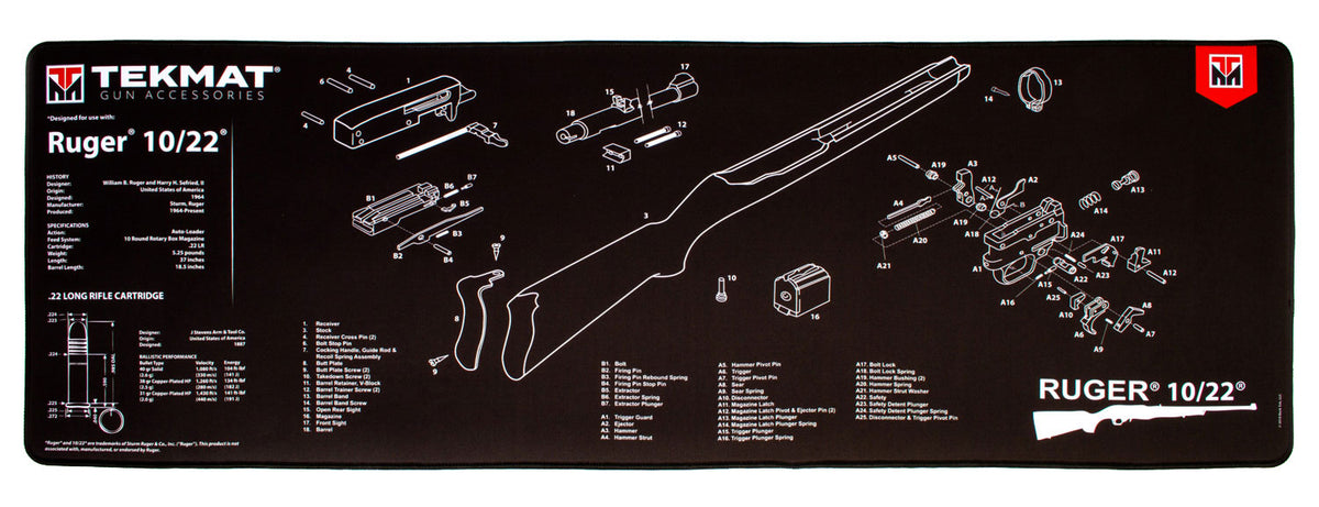 TekMat Ruger 10-22 Parts Diagram Ultra 44 Gun Cleaning Mat Black/White Rubber 15"x44"