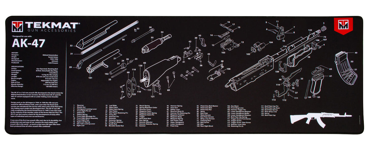 TekMat AK-47 Parts Diagram Ultra 44 Gun Cleaning Mat Black/White Rubber 15"x44"