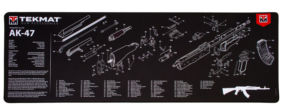 TekMat AK-47 Parts Diagram Ultra 44 Gun Cleaning Mat Black/White Rubber 15"x44"