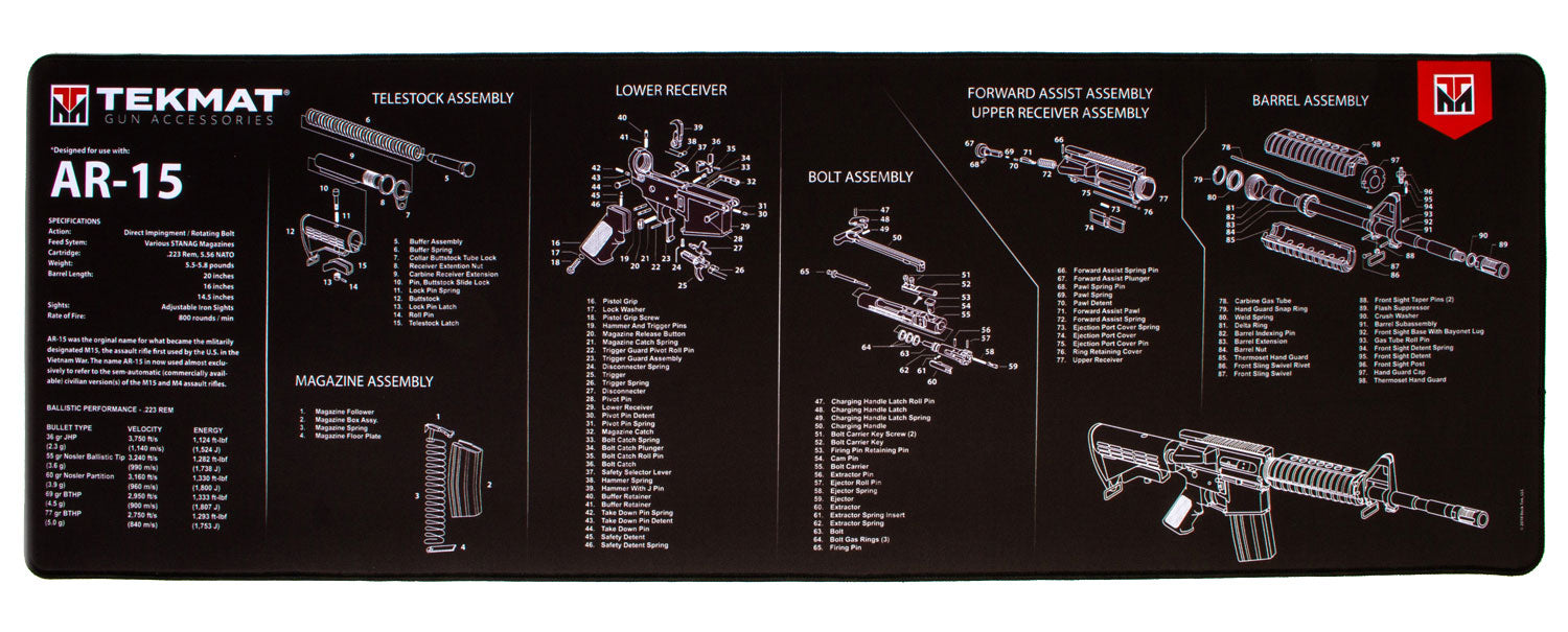 TekMat AR-15 Parts Diagram Ultra 44 Gun Cleaning Mat Black/White Rubber 15"x44"
