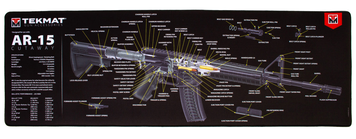 TekMat AR-15 3D Cutaway Ultra 44 Gun Cleaning Mat Black/White Rubber 15"x44"