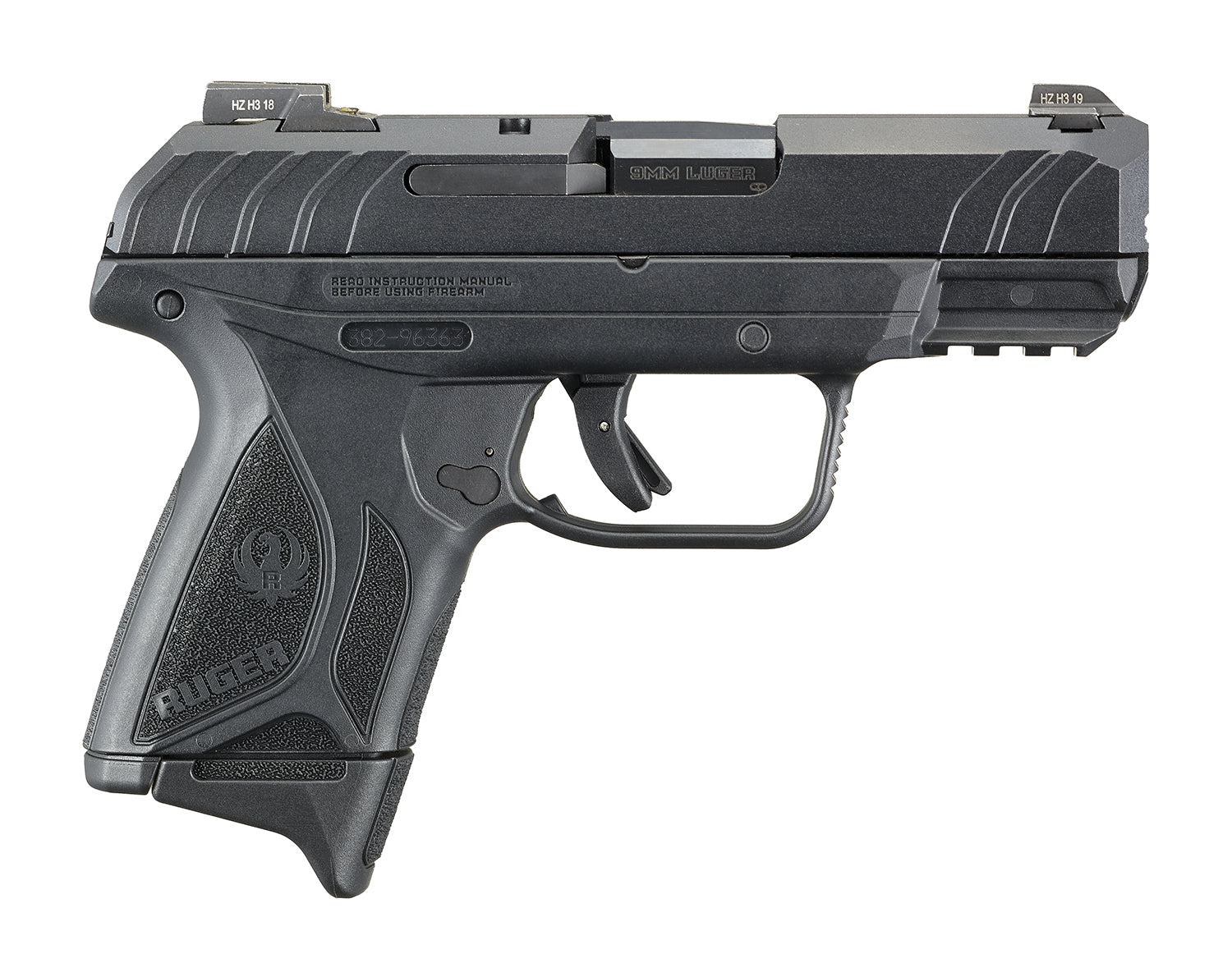 Ruger 3815 Security-9 Compact Pro 9mm Luger 3.42" Barrel 10+1, Black Polymer Frame With Picatinny Acc. Rail, Front Serrated Black Oxide Steel Slide, Trigger Safety