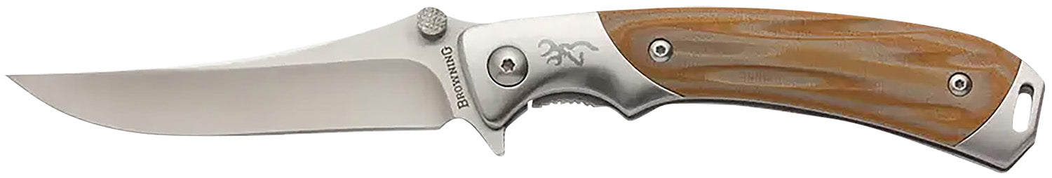 Browning Wicked Wing Folding Knife 3.50" Trailing Point 7Cr17MoV SS Satin Blade Amber G10 Handle