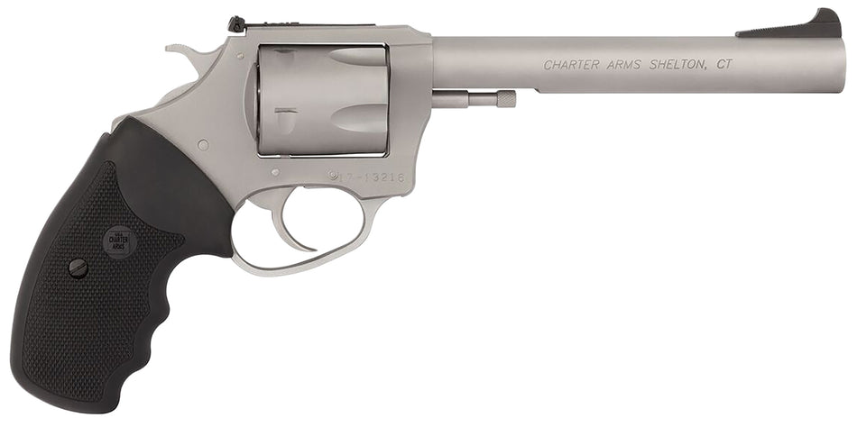 Charter Arms 79960 Pitbull Large 9mm Luger, 5 Shot 6" Matte Stainless Steel Barrel, Cylinder & Frame w/Black Finger Grooved Rubber Grip