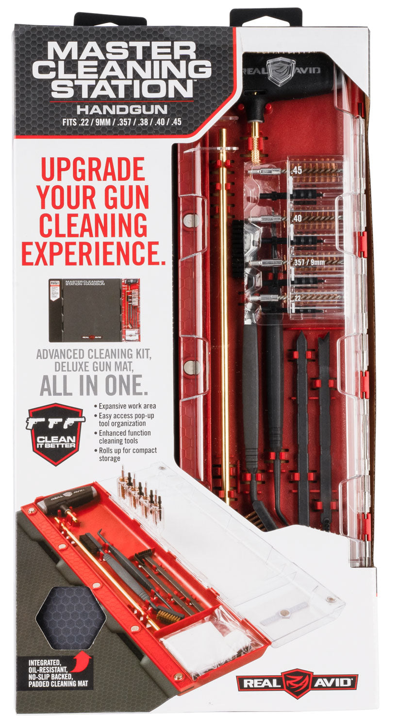 Real Avid AVMCSP Master Cleaning Station for .22/9mm/.357/.38/.40/.45 Cal Pistol with Bronze and Nylon Brushes
