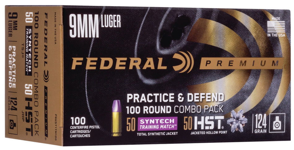 Federal P9HST1TM100 Premium Defense Syntech Practice & Defend HST JHP/Syntech TSJ  124 Grain 9mm Luger/Parabellum