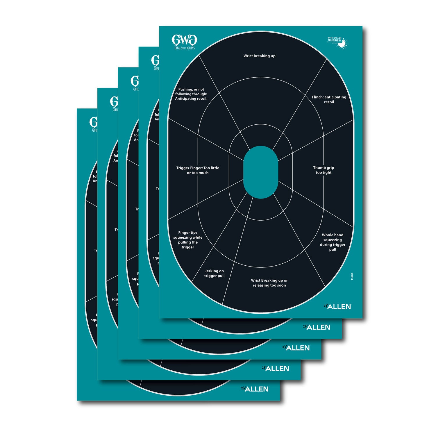 Girls With Guns 15283 Splash Self-Adhesive Paper Target Black/Teal 12"x18" Oval 5 Pack