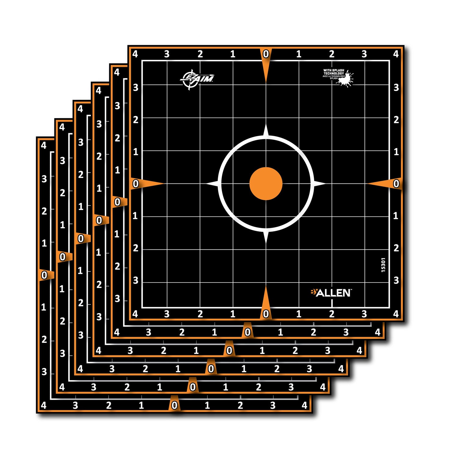 EZ-Aim 15301 Splash Reactive Self-Adhesive 8" Sight-In Grid Paper Targets, Black/Orange, 6-Pack