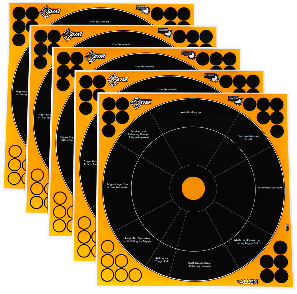 EZ-Aim 15248 Splash Reactive Self-Adhesive 12" Bullseye Paper Targets, Black/Orange, 5-Pack