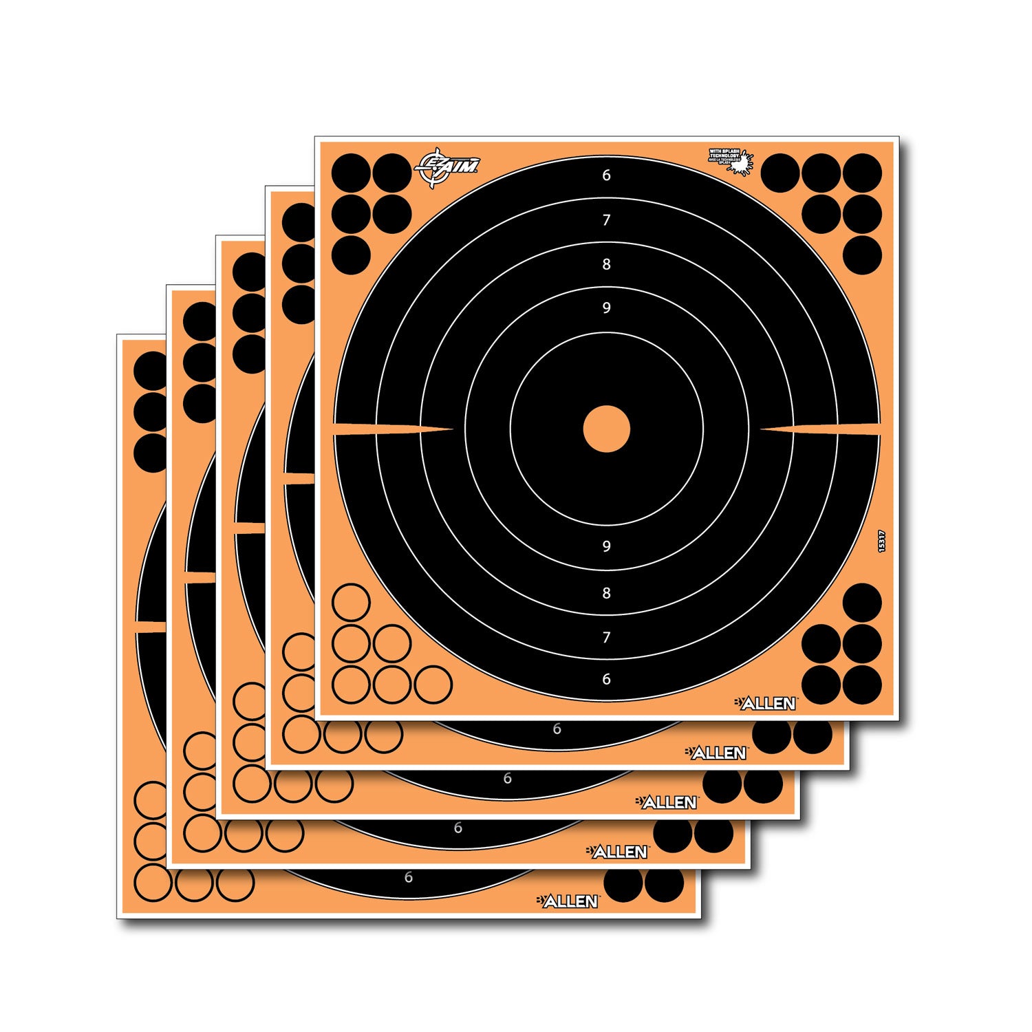 EZ-Aim 15317 Splash Reactive Self-Adhesive 12" Bullseye Paper Targets, Black/Orange, 5-Pack