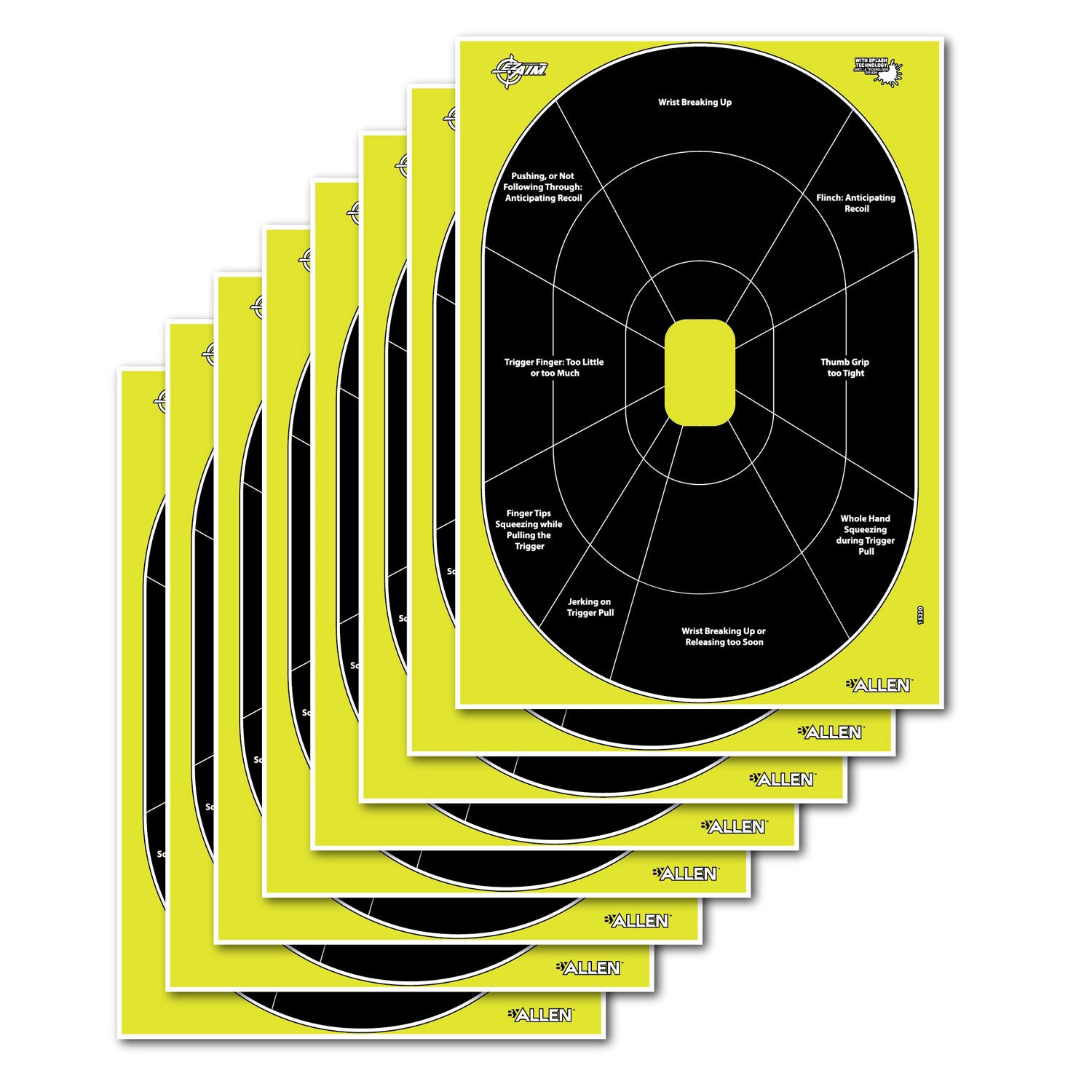 EZ-Aim 15220 Splash Reactive Oval Handgun Hanging Paper Targets, 12"x18", Black/Yellow, 8 Per Pack