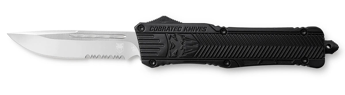 CobraTec Knives CTK-1 Large 3.75" OTF Drop Point Part Serrated D2 Steel Blade Black Aluminum Handle Glass Breaker Pocket Clip
