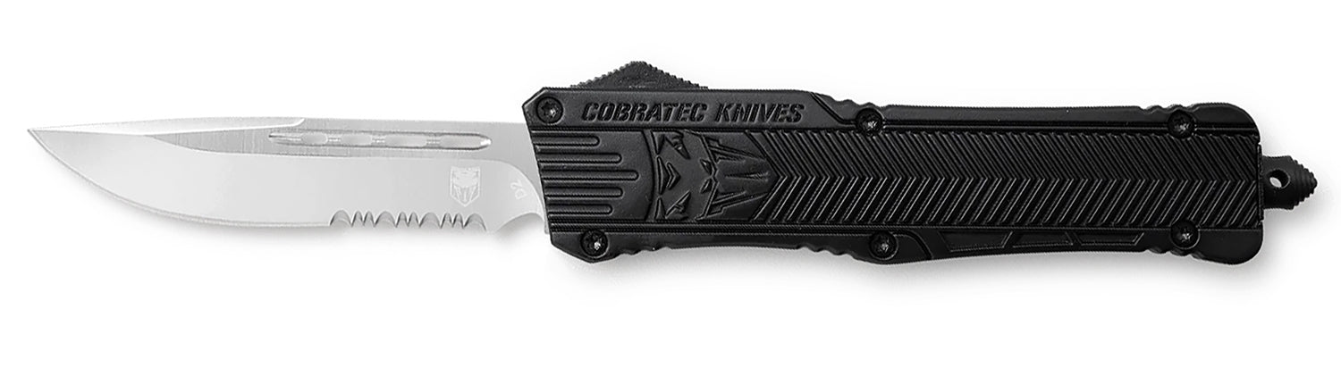 CobraTec Knives CTK-1 Large 3.75" OTF Drop Point Part Serrated D2 Steel Blade Black Aluminum Handle Glass Breaker Pocket Clip
