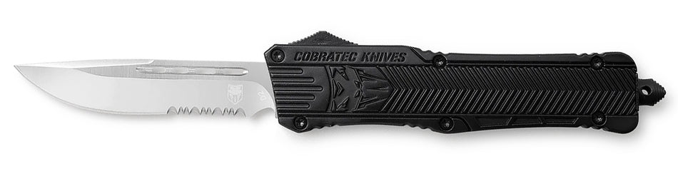 CobraTec Knives CTK-1 Large 3.75" OTF Drop Point Part Serrated D2 Steel Blade Black Aluminum Handle Glass Breaker Pocket Clip
