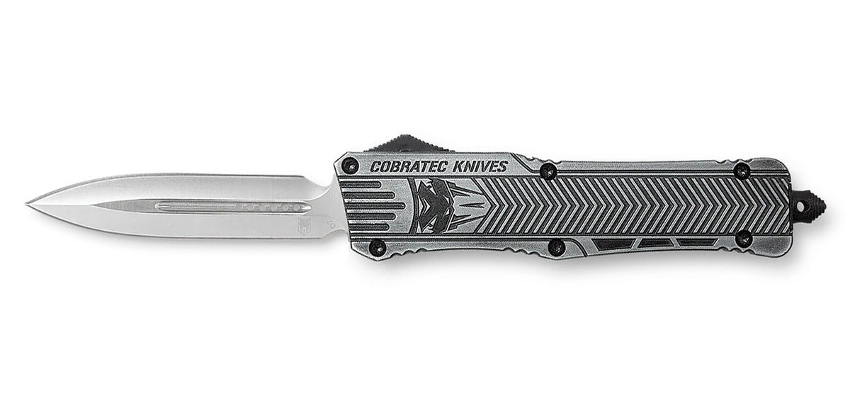 CobraTec CTK-1 Large OTF Dagger 3.75" Plain D2 Steel Blade Stonewashed Aluminum Handle w/ Glass Breaker