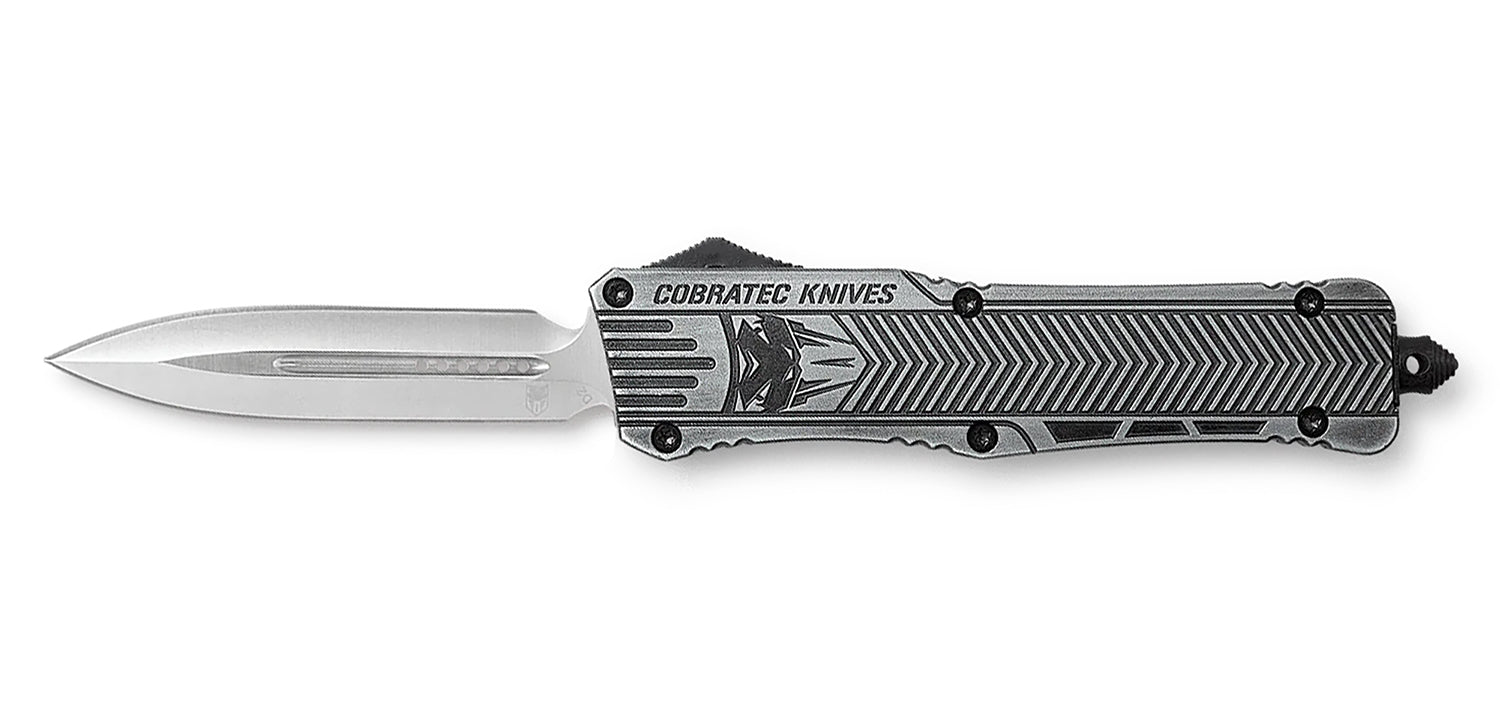 CobraTec CTK-1 Large OTF Dagger 3.75" Plain D2 Steel Blade Stonewashed Aluminum Handle w/ Glass Breaker