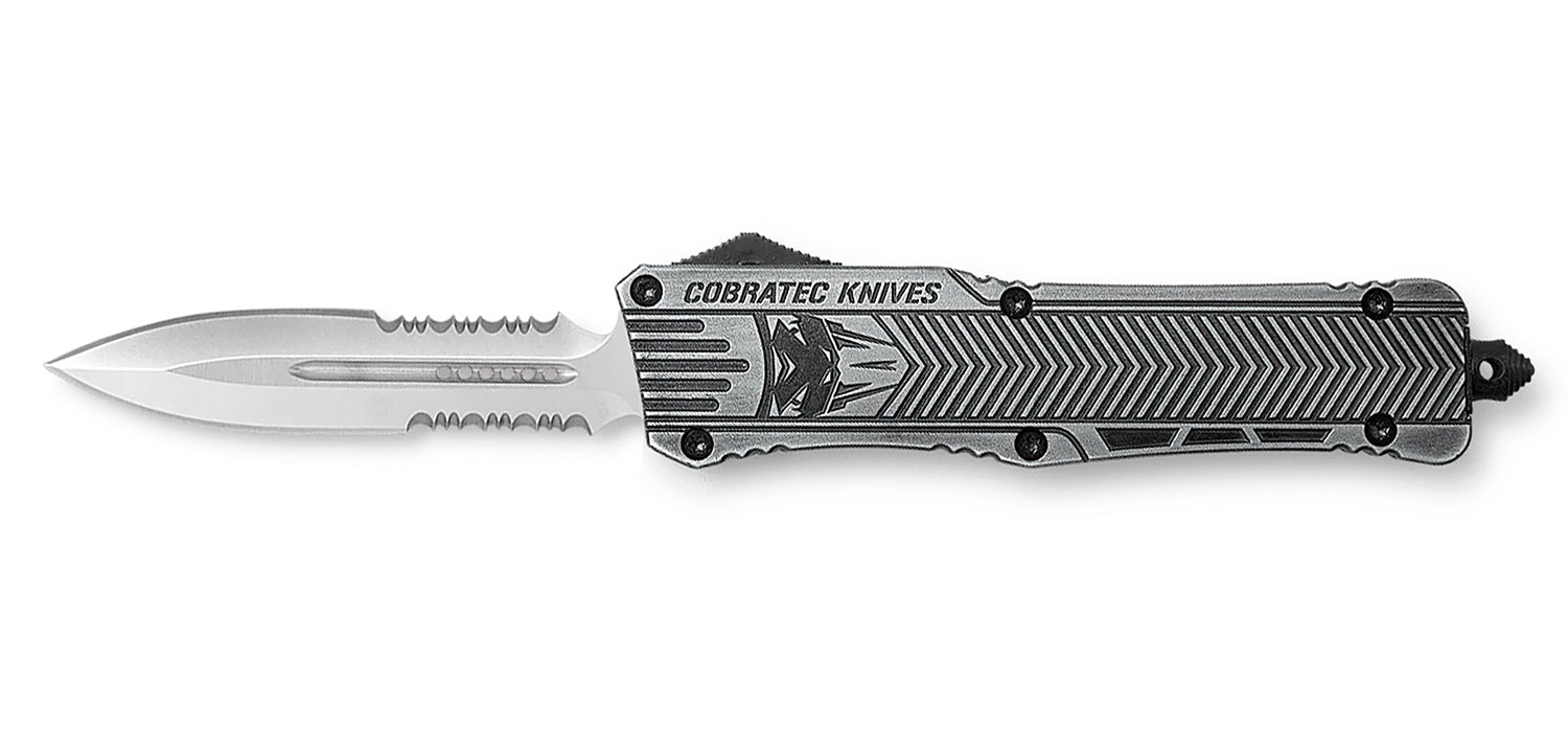 CobraTec CTK-1 Large OTF Dagger 3.75" Part Serrated D2 Steel Blade Stonewashed Aluminum Handle w/ Glass Breaker