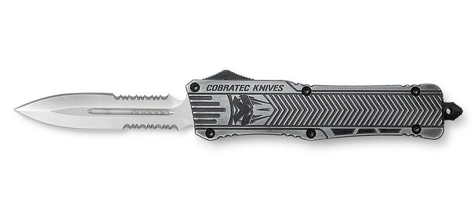 CobraTec CTK-1 Large OTF Dagger 3.75" Part Serrated D2 Steel Blade Stonewashed Aluminum Handle w/ Glass Breaker
