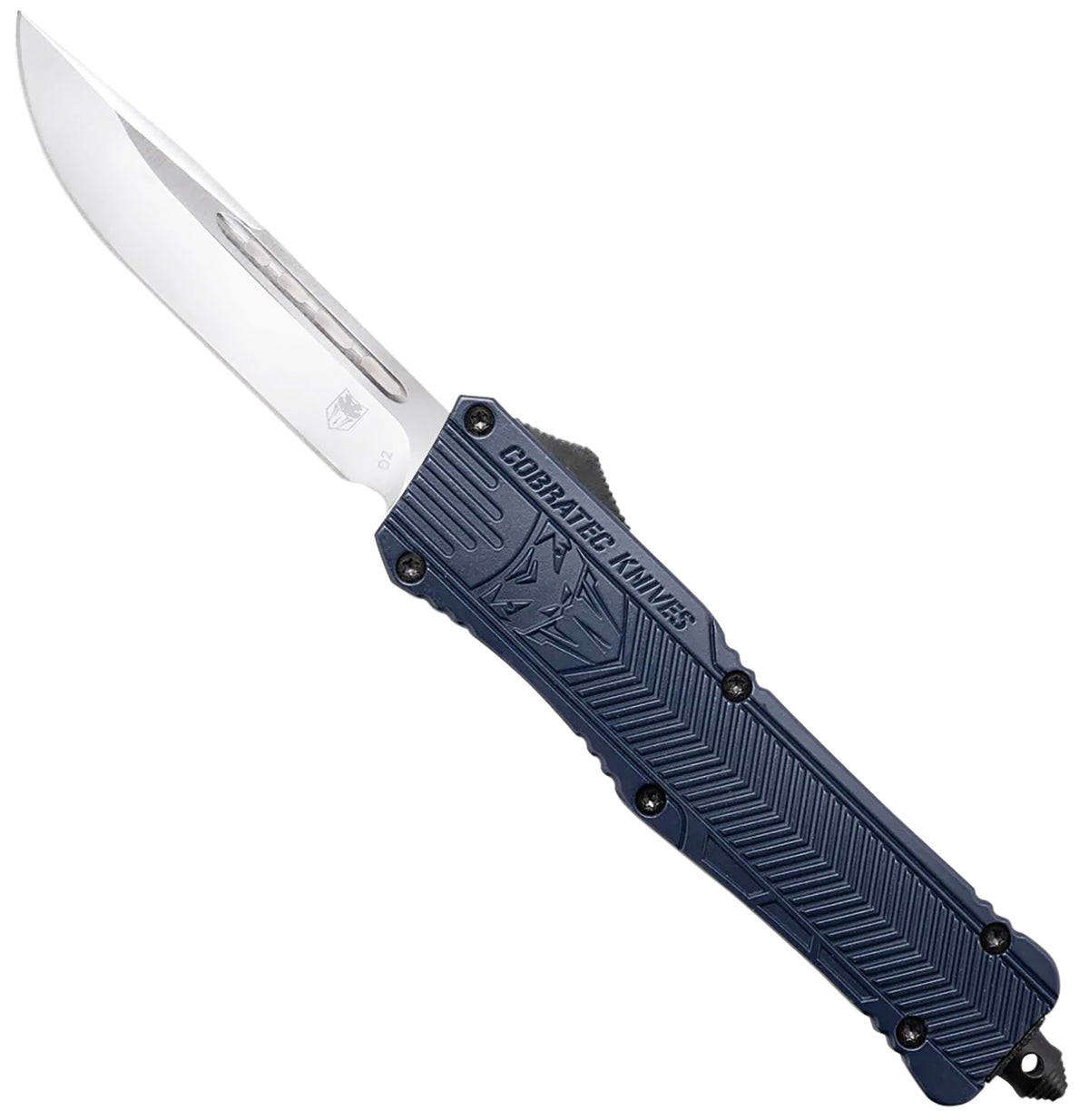 CobraTec CTK-1 Large OTF Drop Point 3.75" Plain D2 Steel Blade NYPD Blue Aluminum Handle w/ Glass Breaker