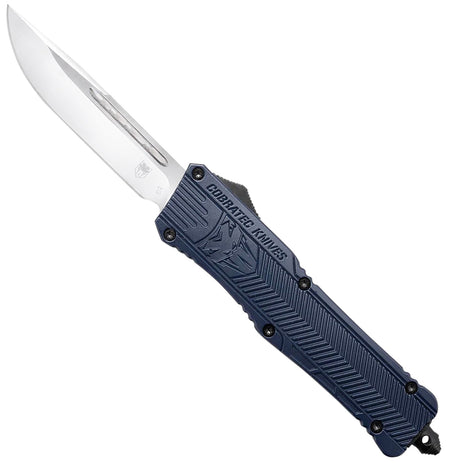 CobraTec CTK-1 Large OTF Drop Point 3.75" Plain D2 Steel Blade NYPD Blue Aluminum Handle w/ Glass Breaker