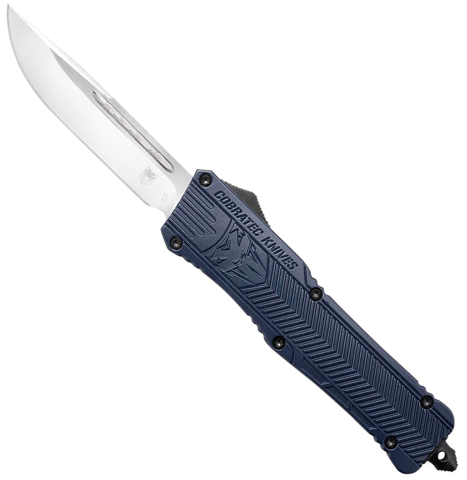 CobraTec CTK-1 Large OTF Drop Point 3.75" Plain D2 Steel Blade NYPD Blue Aluminum Handle w/ Glass Breaker