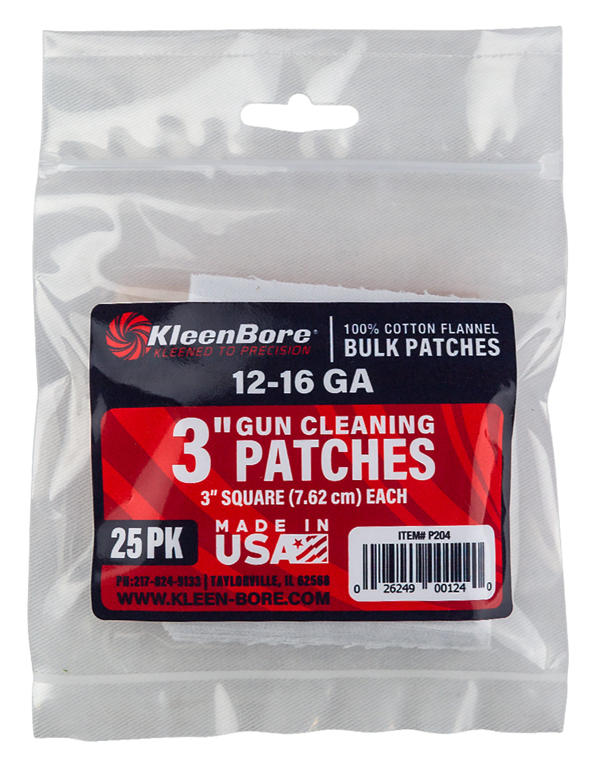 KleenBore P204 Super Shooter 12-16 Gauge Shotgun Cleaning Patches 3" Cotton Flannel 25-Pack