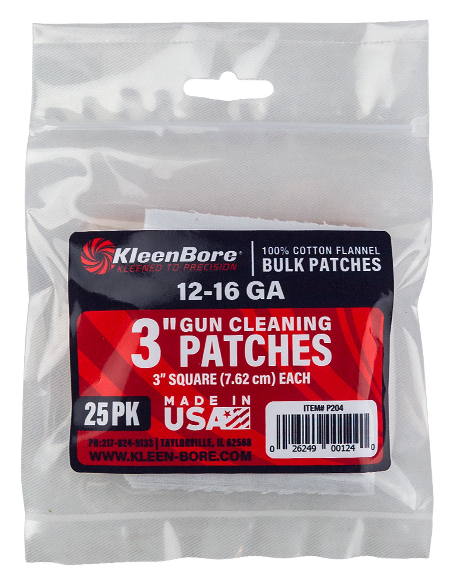 KleenBore P204 Super Shooter 12-16 Gauge Shotgun Cleaning Patches 3" Cotton Flannel 25-Pack