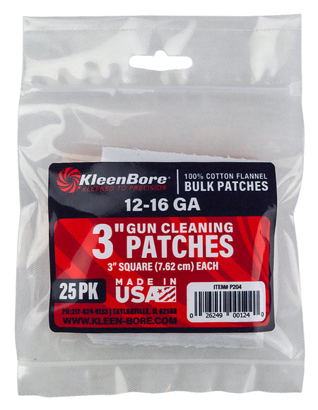 KleenBore P204 Super Shooter 12-16 Gauge Shotgun Cleaning Patches 3" Cotton Flannel 25-Pack