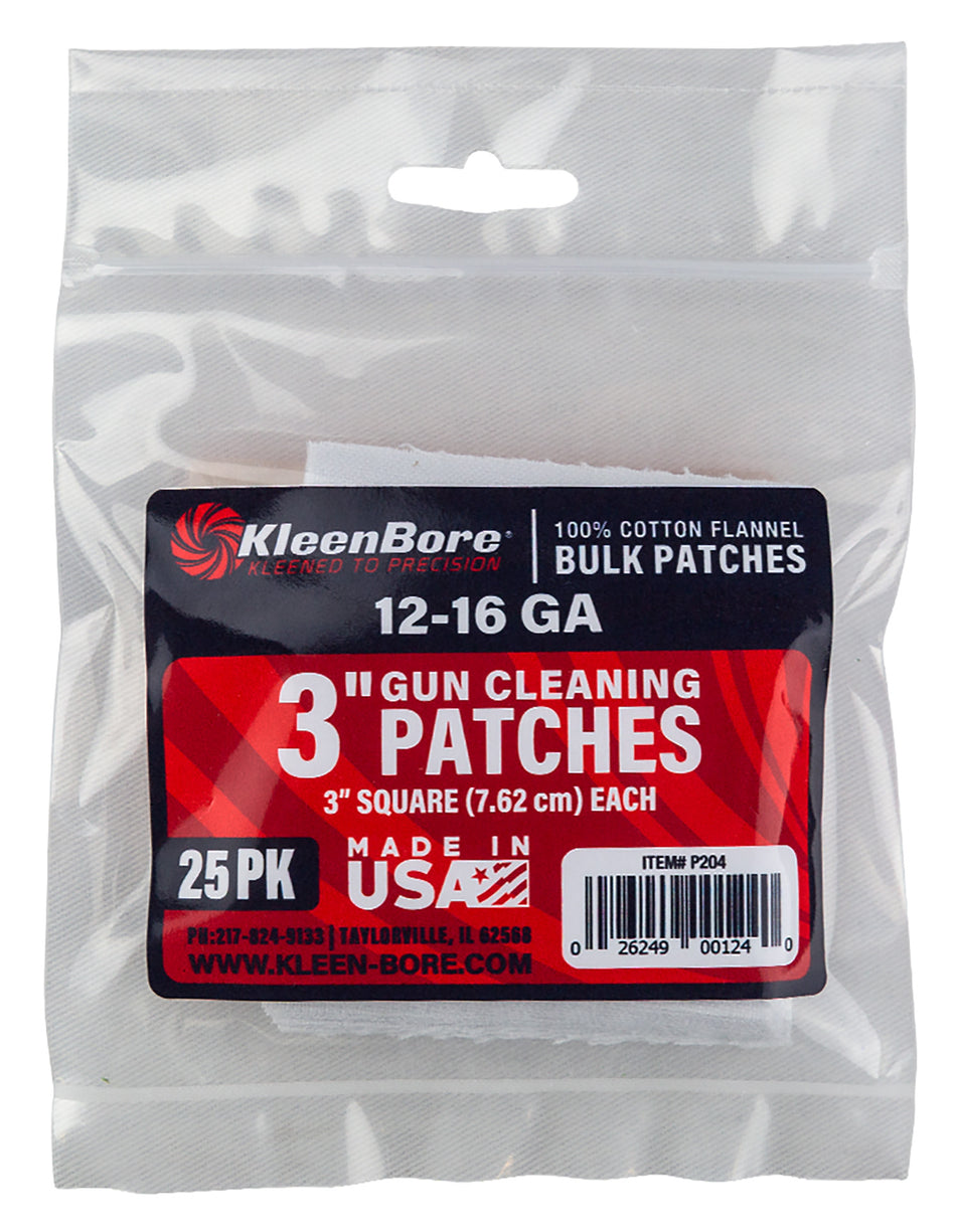 KleenBore P204 Super Shooter 12-16 Gauge Shotgun Cleaning Patches 3" Cotton Flannel 25-Pack