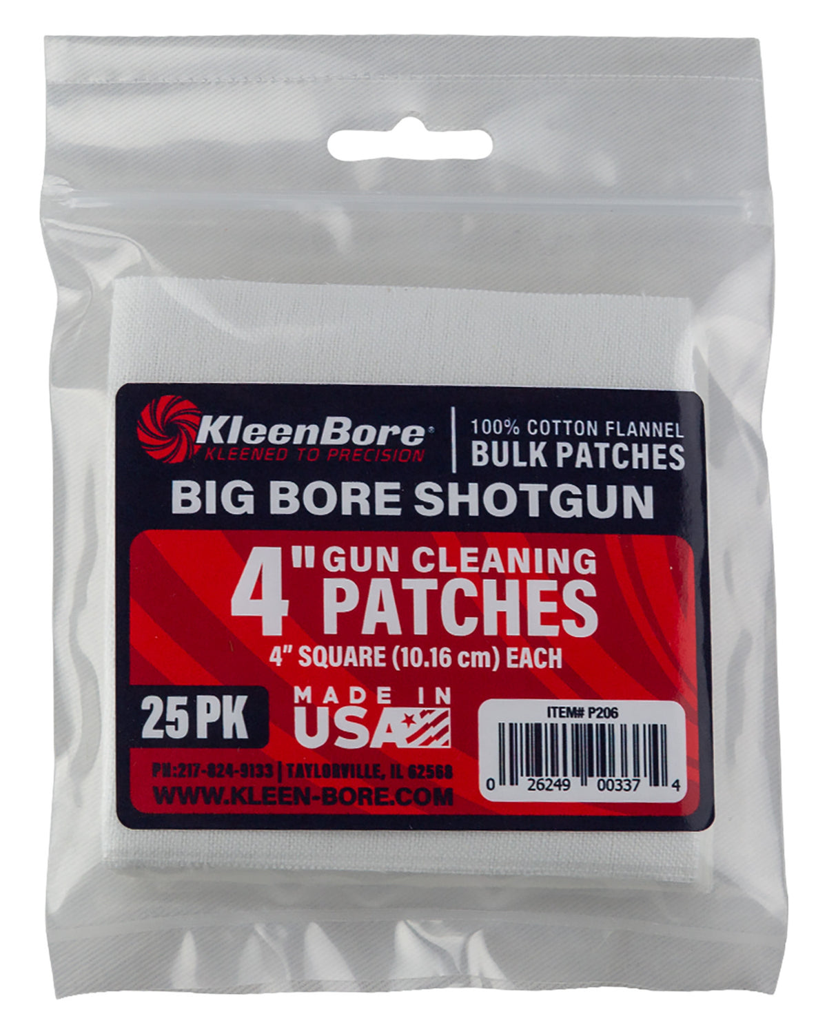 KleenBore P206 Super Shooter Big Bore Shotgun/37-40mm Launcher Cleaning Patches 4" Cotton 25-Pack