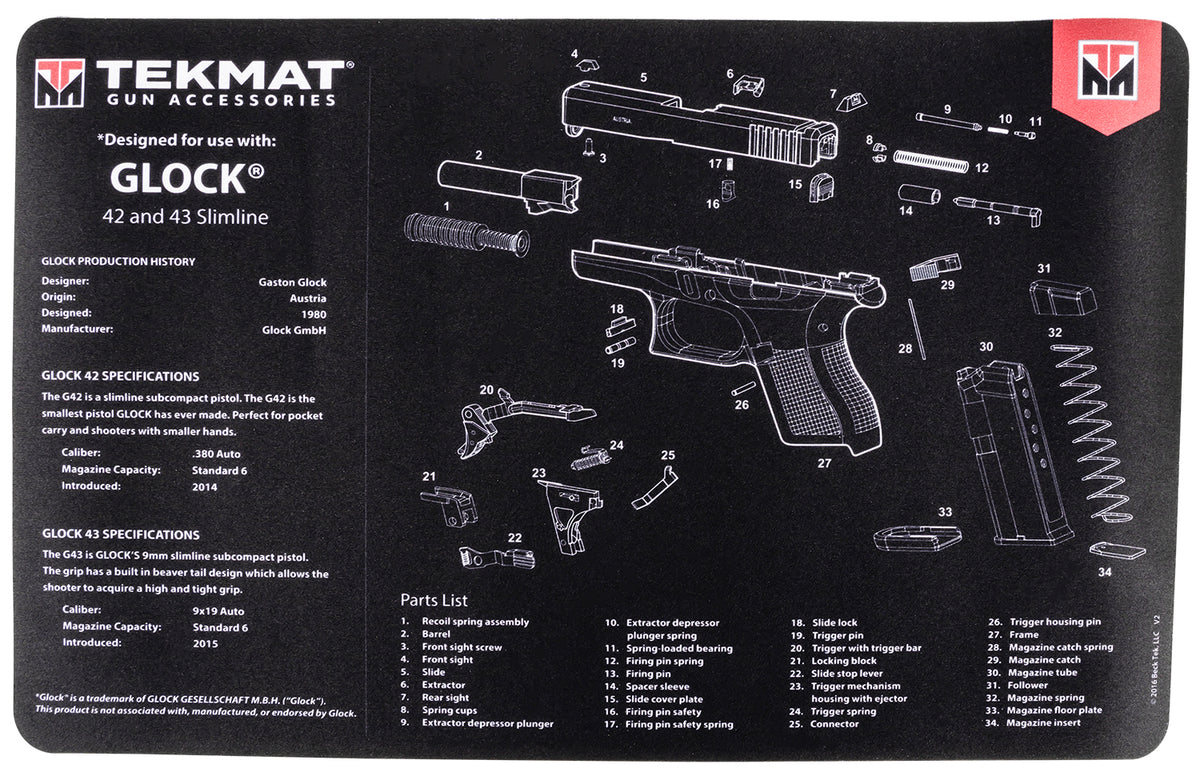 TekMat Glock 42/43 Parts Diagram Gun Cleaning Mat Black/White Rubber 11"x17"