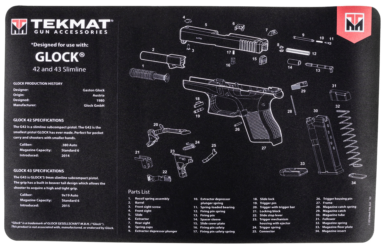 TekMat Glock 42/43 Parts Diagram Gun Cleaning Mat Black/White Rubber 11"x17"