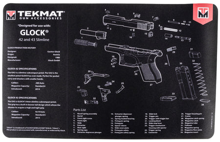TekMat Glock 42/43 Parts Diagram Gun Cleaning Mat Black/White Rubber 11"x17"