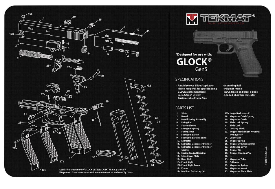 TekMat Glock Gen5 Parts Diagram Gun Cleaning Mat Black/White Rubber 11"x17"