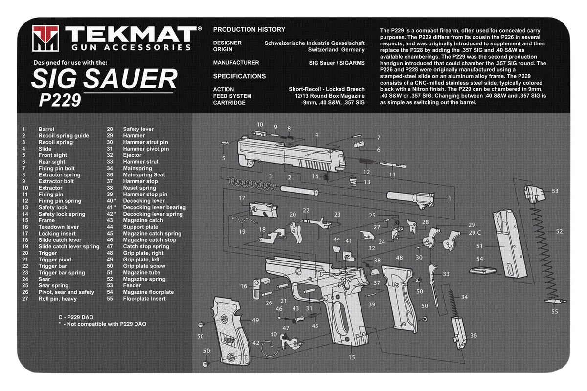 TekMat Sig Sauer P229 Parts Diagram Gun Cleaning Mat Black/White Rubber 11"x17"