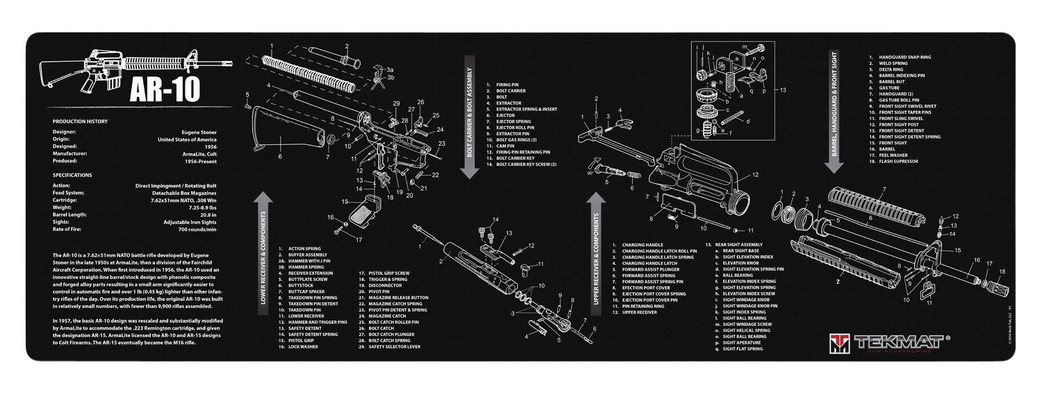 TekMat AR-10 Parts Diagram Gun Cleaning Mat Black/White Rubber 12"x36"