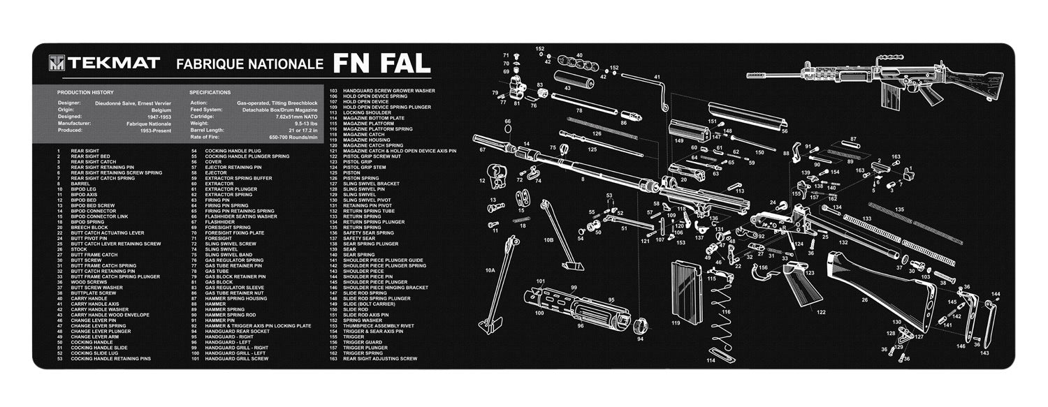 TekMat FN-FAL Parts Diagram Gun Cleaning Mat Black/White Rubber 12"x36"