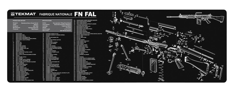 TekMat FN-FAL Parts Diagram Gun Cleaning Mat Black/White Rubber 12"x36"