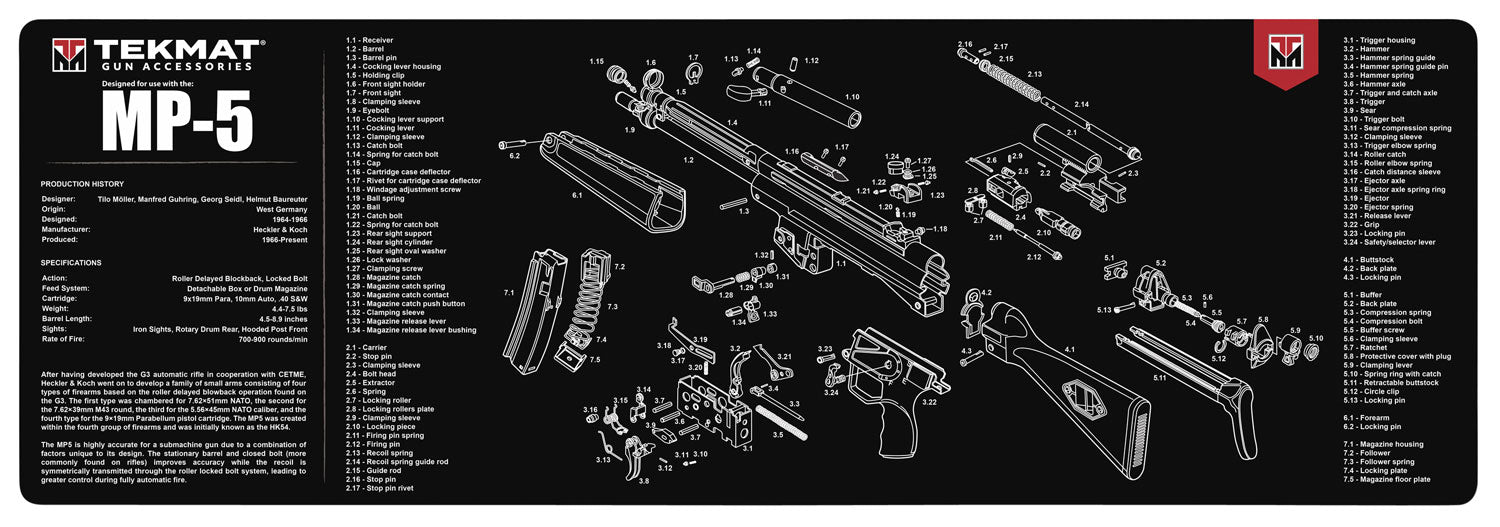 TekMat MP5 Gun Cleaning Mat 12"x36" Black/White Rubber with HK MP5 Parts Diagram