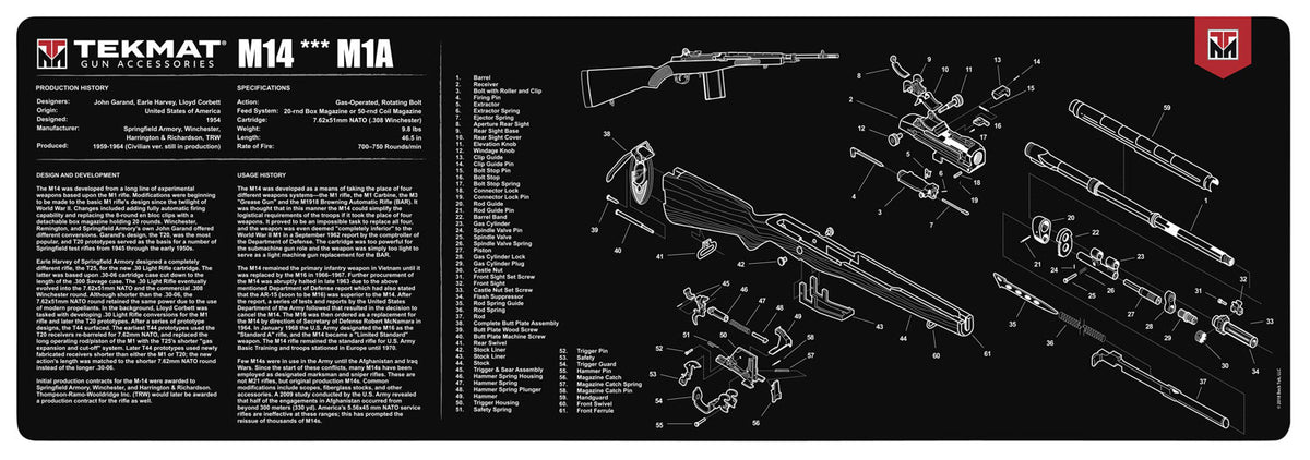 TekMat M14 Gun Cleaning Mat 12"x36" Black/White Rubber with Springfield M1A Parts Diagram