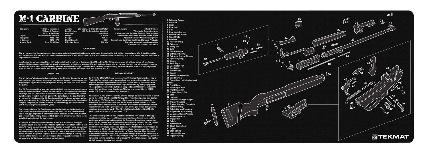 TekMat M1 Carbine Gun Cleaning Mat 12"x36" Black/White Rubber with Parts Diagram