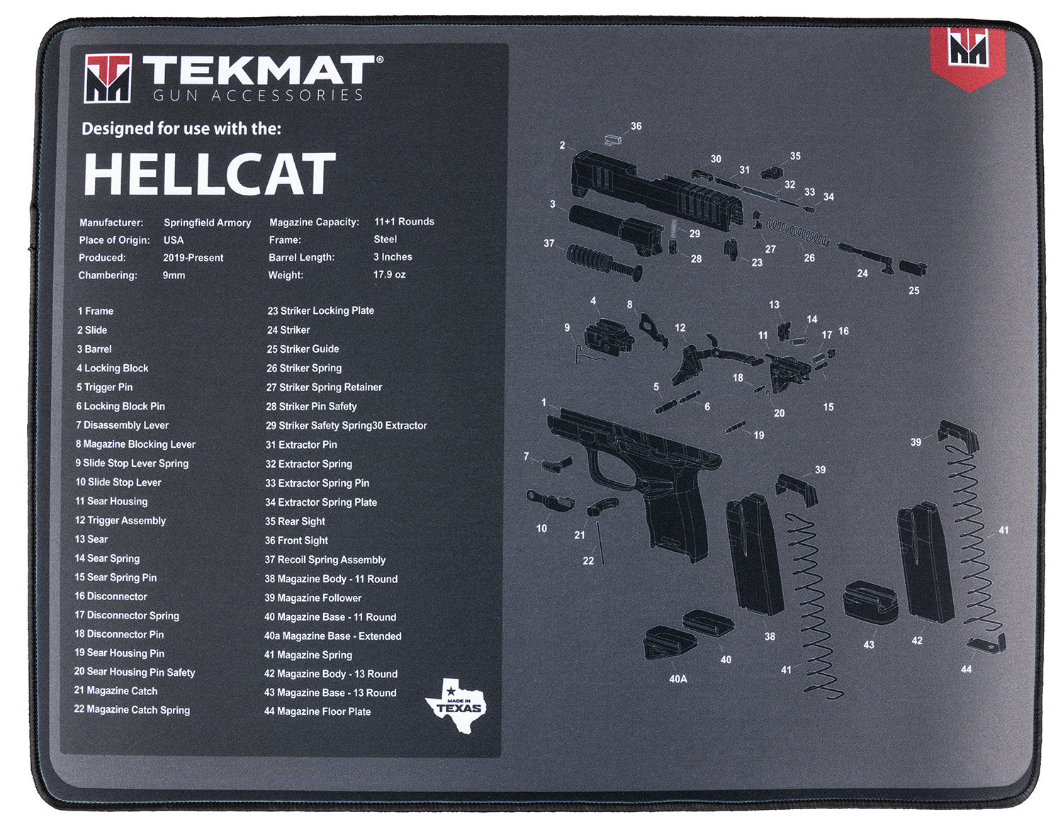 TekMat Springfield Hellcat Ultra 20 Cleaning Mat 15"x20" Black/Gray Rubber with Parts Diagram
